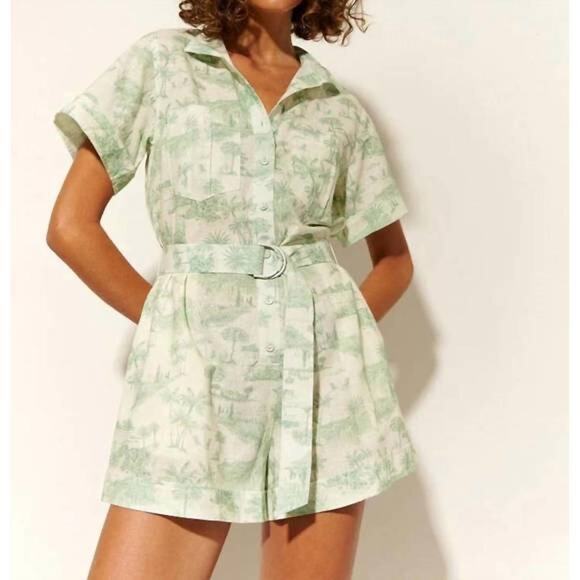 KIVARO White Green Floral Short Sleeve Belt Looped Chloe Romper Size US 2 - Picture 1 of 15